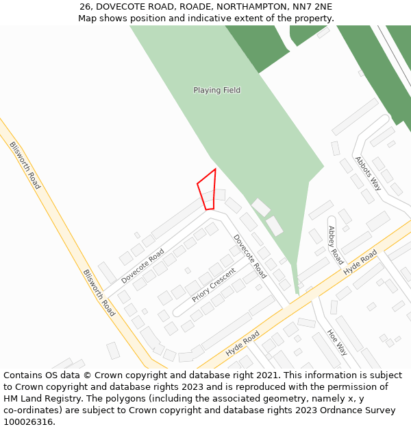 26, DOVECOTE ROAD, ROADE, NORTHAMPTON, NN7 2NE: Location map and indicative extent of plot