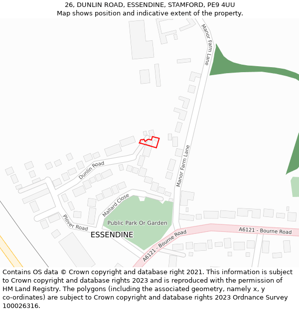 26, DUNLIN ROAD, ESSENDINE, STAMFORD, PE9 4UU: Location map and indicative extent of plot