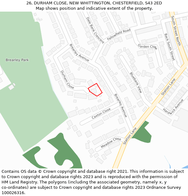 26, DURHAM CLOSE, NEW WHITTINGTON, CHESTERFIELD, S43 2ED: Location map and indicative extent of plot