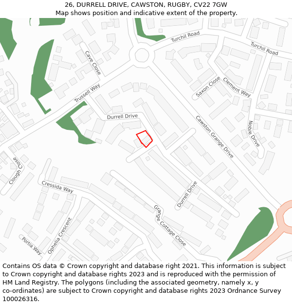 26, DURRELL DRIVE, CAWSTON, RUGBY, CV22 7GW: Location map and indicative extent of plot