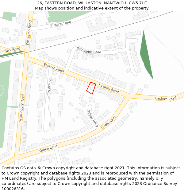 26, EASTERN ROAD, WILLASTON, NANTWICH, CW5 7HT: Location map and indicative extent of plot