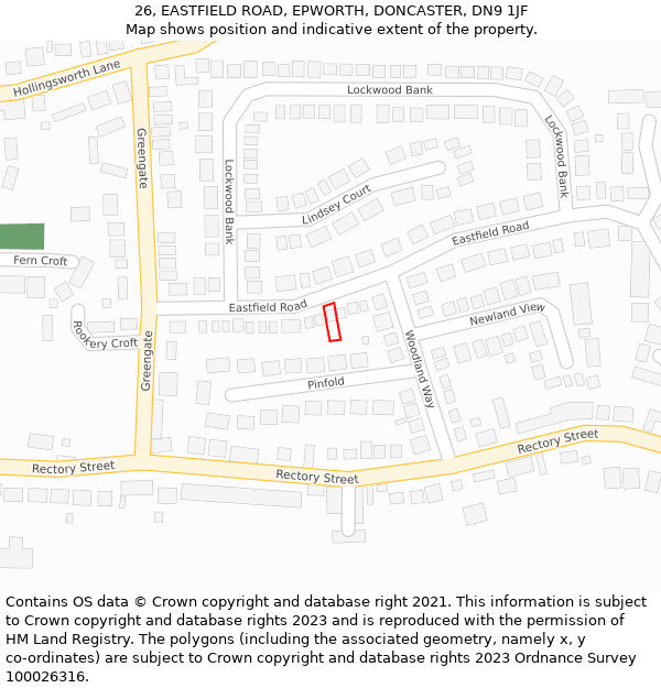 26, EASTFIELD ROAD, EPWORTH, DONCASTER, DN9 1JF: Location map and indicative extent of plot