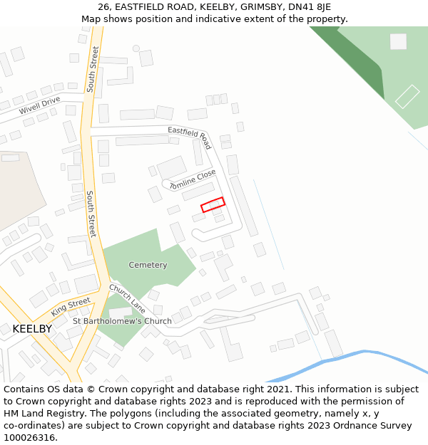 26, EASTFIELD ROAD, KEELBY, GRIMSBY, DN41 8JE: Location map and indicative extent of plot