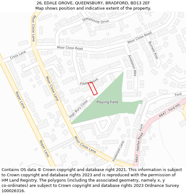 26, EDALE GROVE, QUEENSBURY, BRADFORD, BD13 2EF: Location map and indicative extent of plot