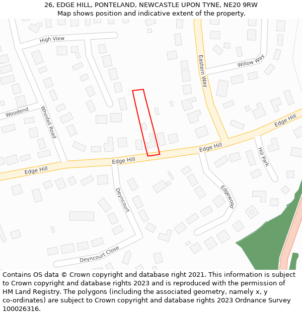 26, EDGE HILL, PONTELAND, NEWCASTLE UPON TYNE, NE20 9RW: Location map and indicative extent of plot