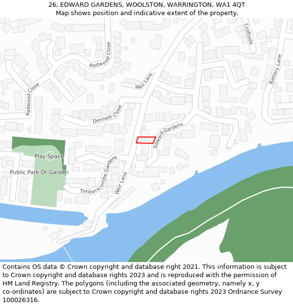 26, EDWARD GARDENS, WOOLSTON, WARRINGTON, WA1 4QT: Location map and indicative extent of plot