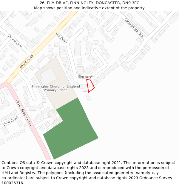 26, ELM DRIVE, FINNINGLEY, DONCASTER, DN9 3EG: Location map and indicative extent of plot
