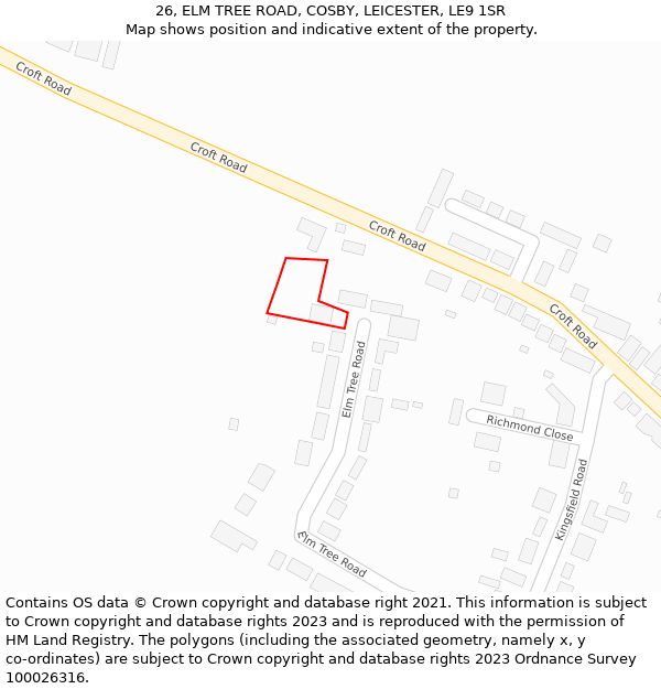 26, ELM TREE ROAD, COSBY, LEICESTER, LE9 1SR: Location map and indicative extent of plot