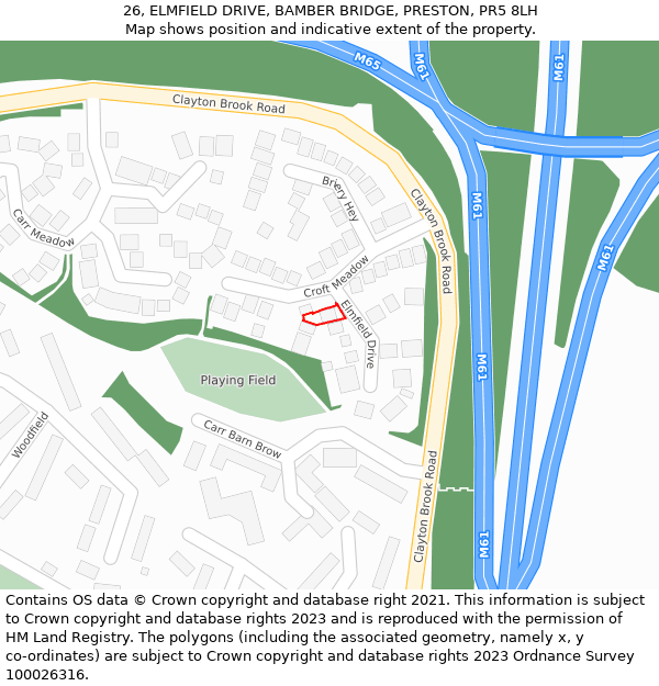 26, ELMFIELD DRIVE, BAMBER BRIDGE, PRESTON, PR5 8LH: Location map and indicative extent of plot