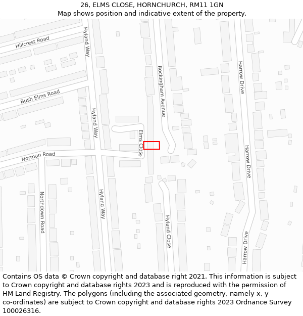 26, ELMS CLOSE, HORNCHURCH, RM11 1GN: Location map and indicative extent of plot