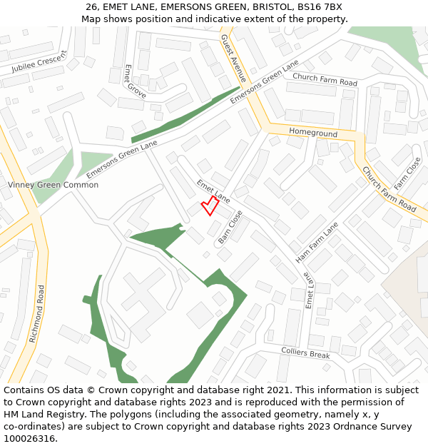 26, EMET LANE, EMERSONS GREEN, BRISTOL, BS16 7BX: Location map and indicative extent of plot