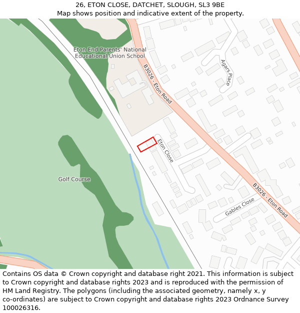 26, ETON CLOSE, DATCHET, SLOUGH, SL3 9BE: Location map and indicative extent of plot