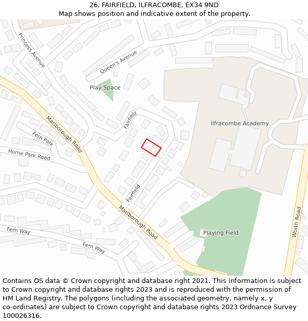 26, FAIRFIELD, ILFRACOMBE, EX34 9ND: Location map and indicative extent of plot