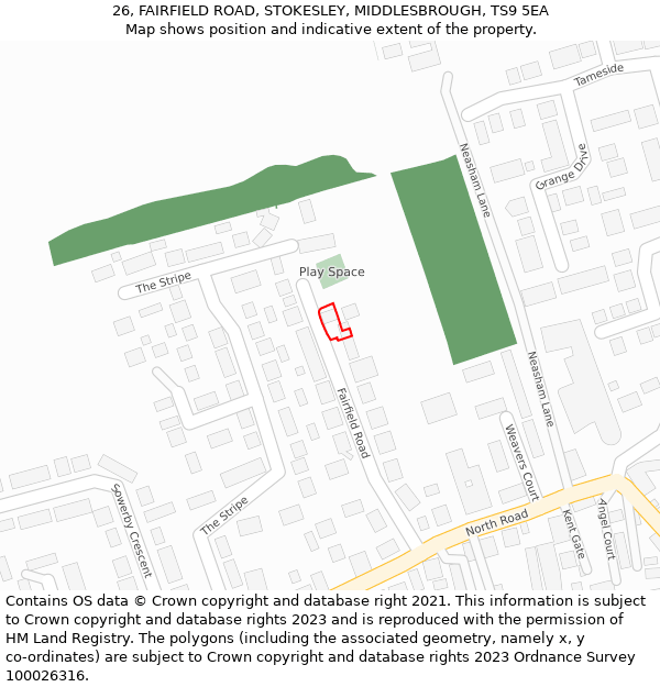 26, FAIRFIELD ROAD, STOKESLEY, MIDDLESBROUGH, TS9 5EA: Location map and indicative extent of plot