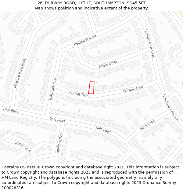 26, FAIRWAY ROAD, HYTHE, SOUTHAMPTON, SO45 5FT: Location map and indicative extent of plot