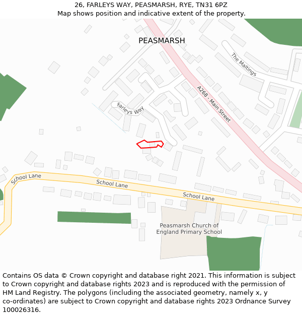 26, FARLEYS WAY, PEASMARSH, RYE, TN31 6PZ: Location map and indicative extent of plot