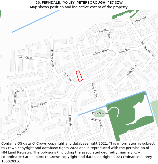 26, FERNDALE, YAXLEY, PETERBOROUGH, PE7 3ZW: Location map and indicative extent of plot