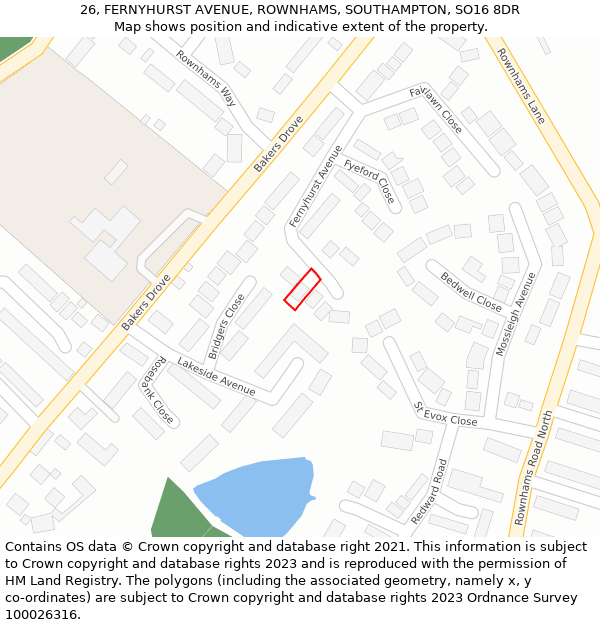 26, FERNYHURST AVENUE, ROWNHAMS, SOUTHAMPTON, SO16 8DR: Location map and indicative extent of plot