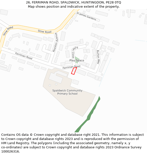 26, FERRIMAN ROAD, SPALDWICK, HUNTINGDON, PE28 0TQ: Location map and indicative extent of plot