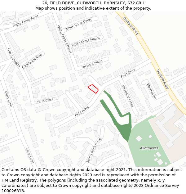 26, FIELD DRIVE, CUDWORTH, BARNSLEY, S72 8RH: Location map and indicative extent of plot