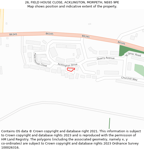 26, FIELD HOUSE CLOSE, ACKLINGTON, MORPETH, NE65 9PE: Location map and indicative extent of plot