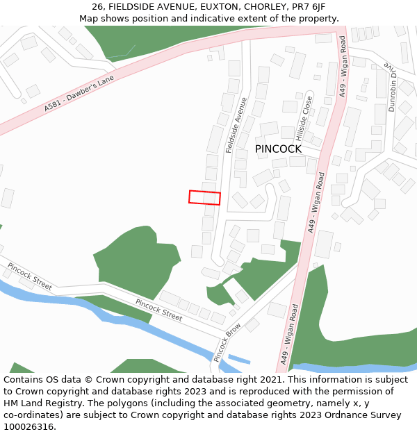 26, FIELDSIDE AVENUE, EUXTON, CHORLEY, PR7 6JF: Location map and indicative extent of plot