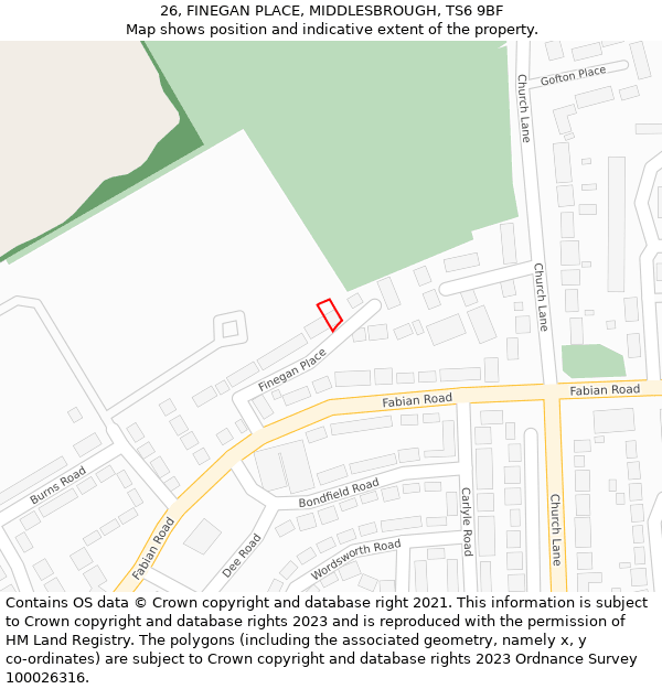 26, FINEGAN PLACE, MIDDLESBROUGH, TS6 9BF: Location map and indicative extent of plot