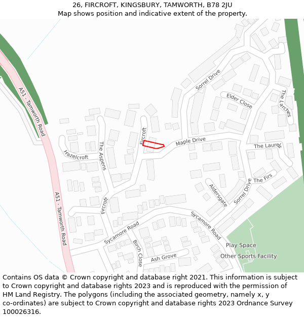 26, FIRCROFT, KINGSBURY, TAMWORTH, B78 2JU: Location map and indicative extent of plot