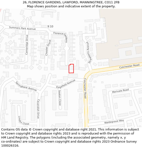 26, FLORENCE GARDENS, LAWFORD, MANNINGTREE, CO11 2FB: Location map and indicative extent of plot