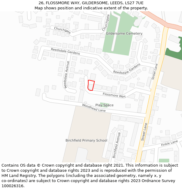 26, FLOSSMORE WAY, GILDERSOME, LEEDS, LS27 7UE: Location map and indicative extent of plot