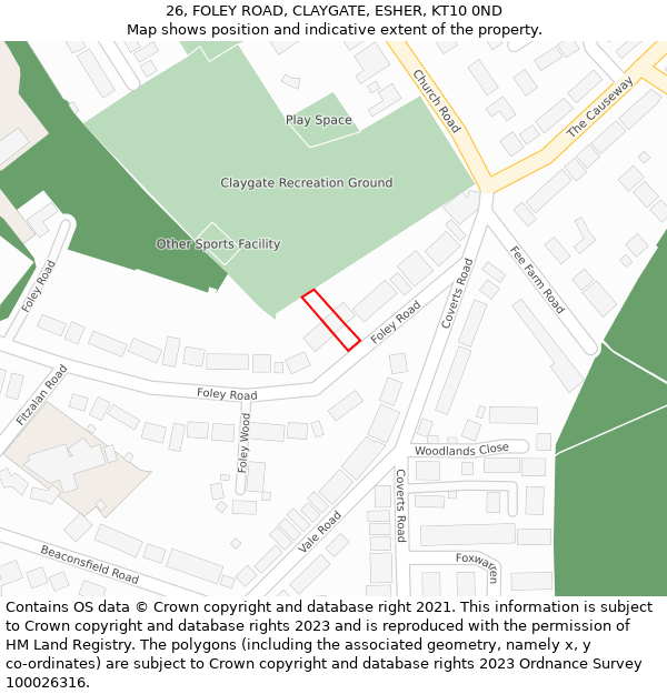 26, FOLEY ROAD, CLAYGATE, ESHER, KT10 0ND: Location map and indicative extent of plot