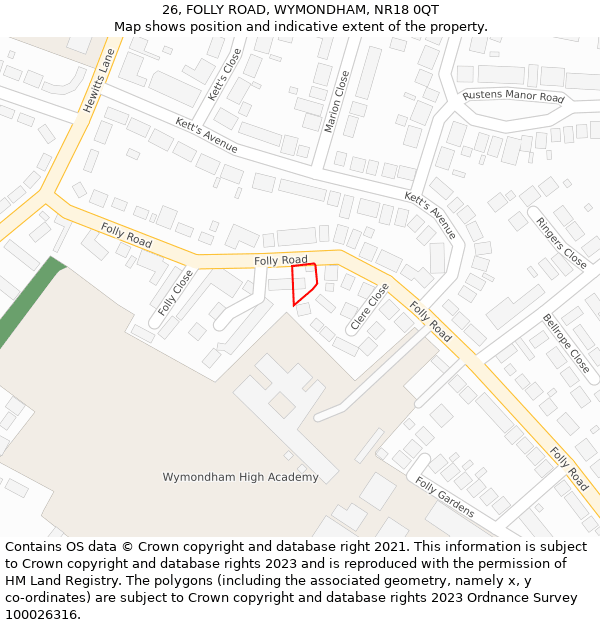 26, FOLLY ROAD, WYMONDHAM, NR18 0QT: Location map and indicative extent of plot