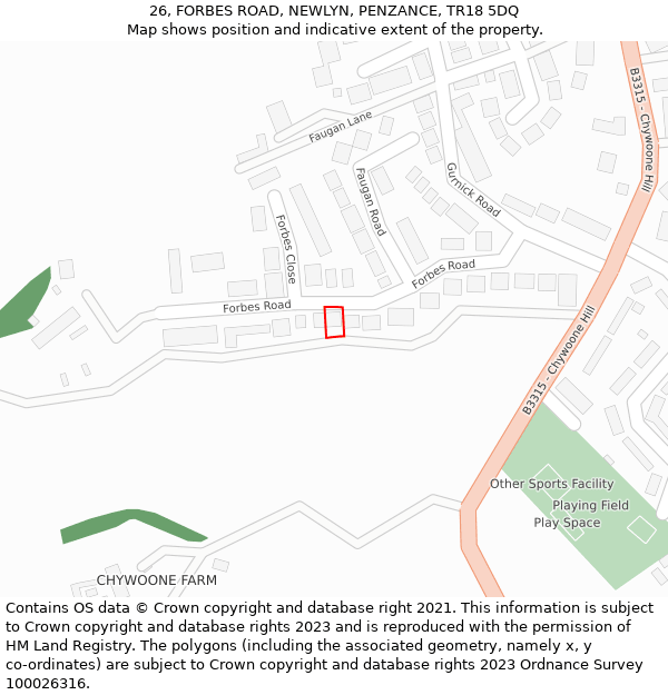 26, FORBES ROAD, NEWLYN, PENZANCE, TR18 5DQ: Location map and indicative extent of plot