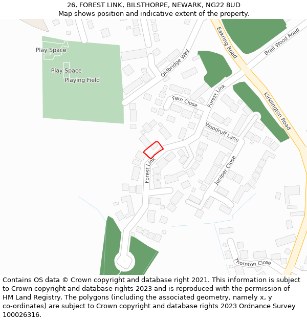 26, FOREST LINK, BILSTHORPE, NEWARK, NG22 8UD: Location map and indicative extent of plot