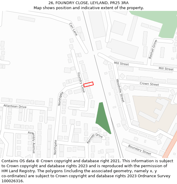 26, FOUNDRY CLOSE, LEYLAND, PR25 3RA: Location map and indicative extent of plot