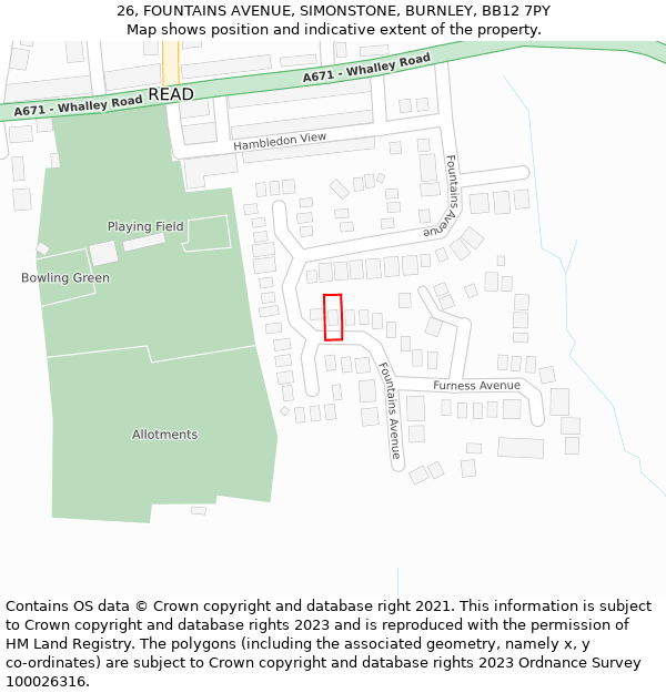 26, FOUNTAINS AVENUE, SIMONSTONE, BURNLEY, BB12 7PY: Location map and indicative extent of plot