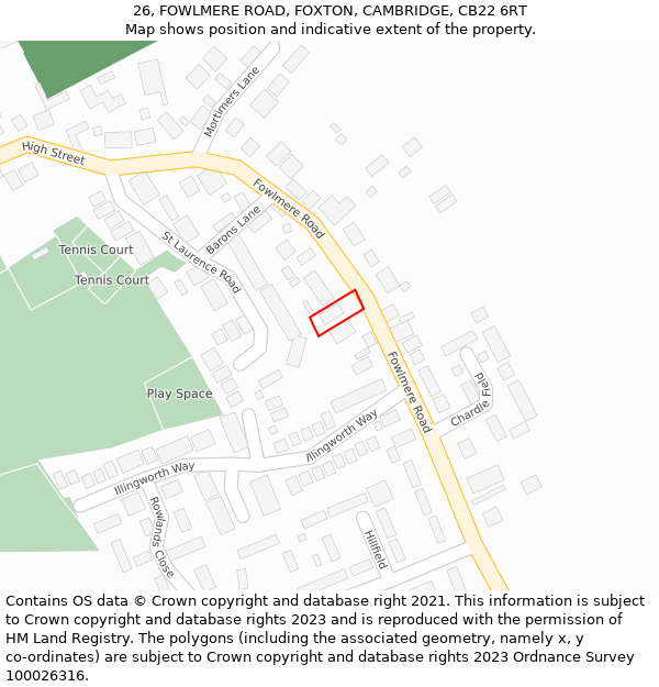 26, FOWLMERE ROAD, FOXTON, CAMBRIDGE, CB22 6RT: Location map and indicative extent of plot