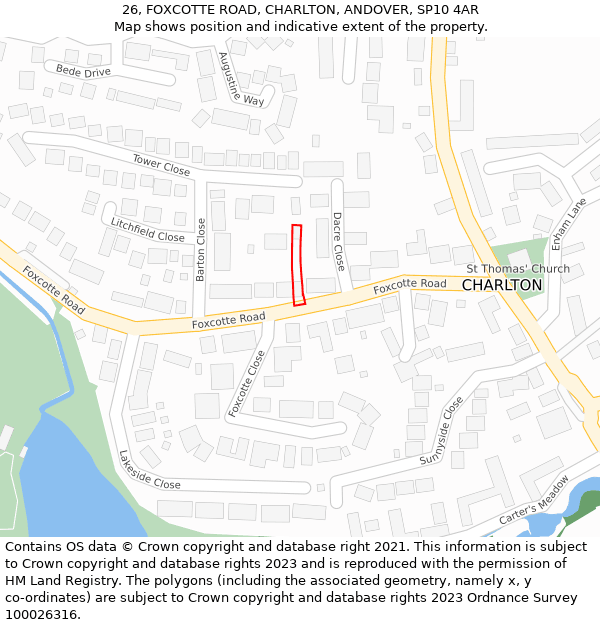 26, FOXCOTTE ROAD, CHARLTON, ANDOVER, SP10 4AR: Location map and indicative extent of plot