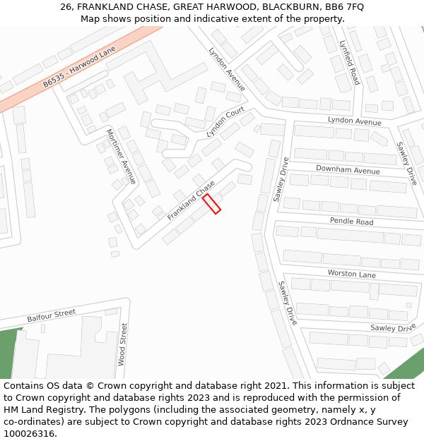 26, FRANKLAND CHASE, GREAT HARWOOD, BLACKBURN, BB6 7FQ: Location map and indicative extent of plot