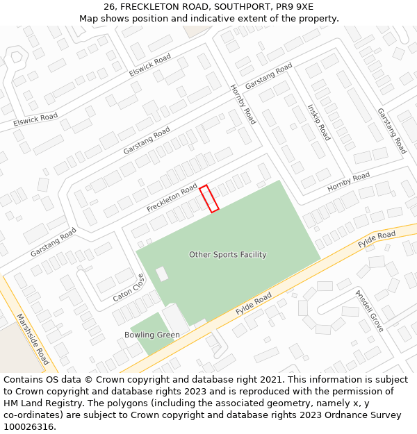 26, FRECKLETON ROAD, SOUTHPORT, PR9 9XE: Location map and indicative extent of plot