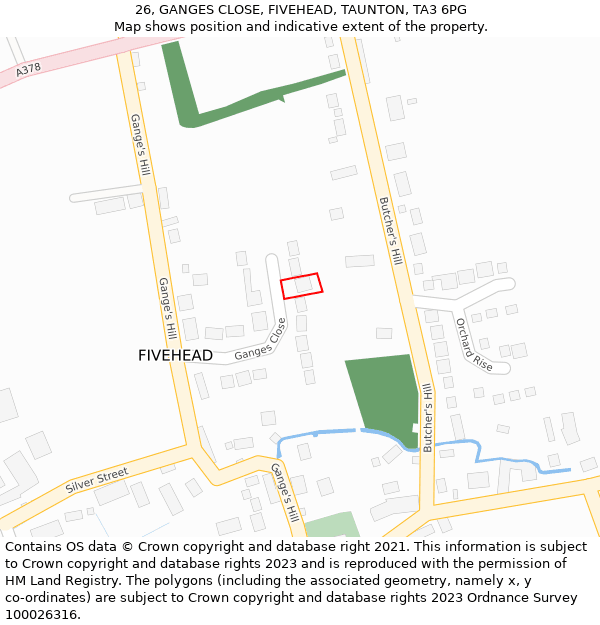 26, GANGES CLOSE, FIVEHEAD, TAUNTON, TA3 6PG: Location map and indicative extent of plot