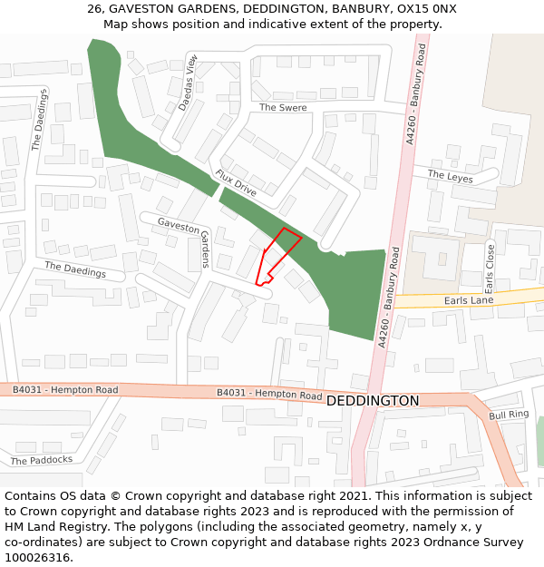 26, GAVESTON GARDENS, DEDDINGTON, BANBURY, OX15 0NX: Location map and indicative extent of plot