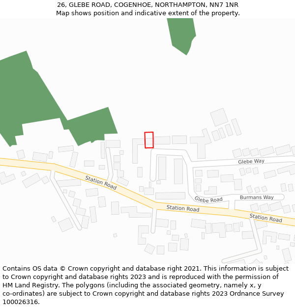 26, GLEBE ROAD, COGENHOE, NORTHAMPTON, NN7 1NR: Location map and indicative extent of plot