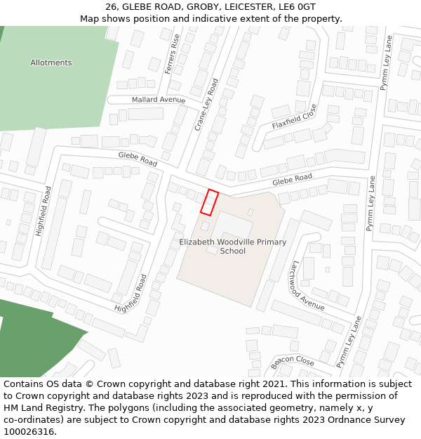 26, GLEBE ROAD, GROBY, LEICESTER, LE6 0GT: Location map and indicative extent of plot