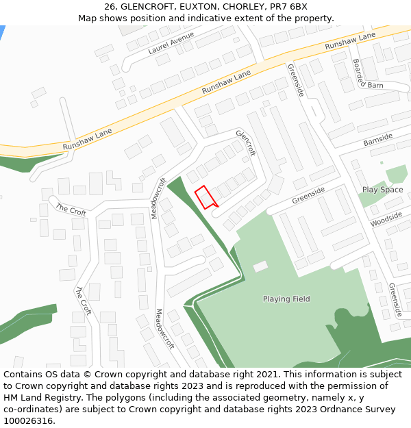 26, GLENCROFT, EUXTON, CHORLEY, PR7 6BX: Location map and indicative extent of plot