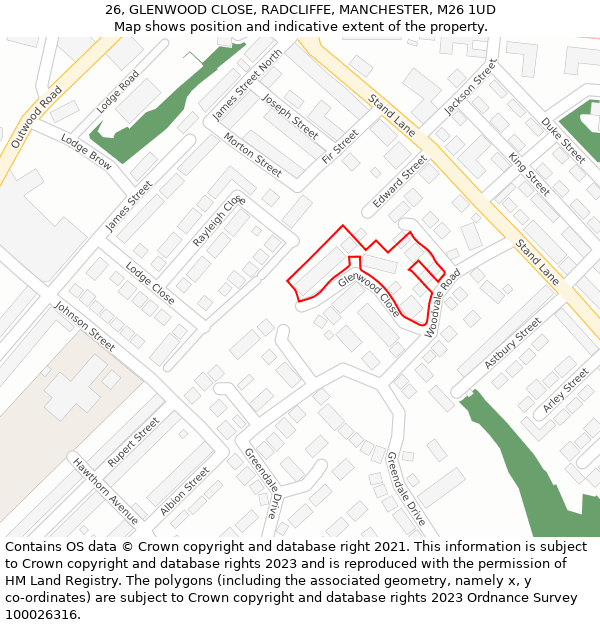 26, GLENWOOD CLOSE, RADCLIFFE, MANCHESTER, M26 1UD: Location map and indicative extent of plot