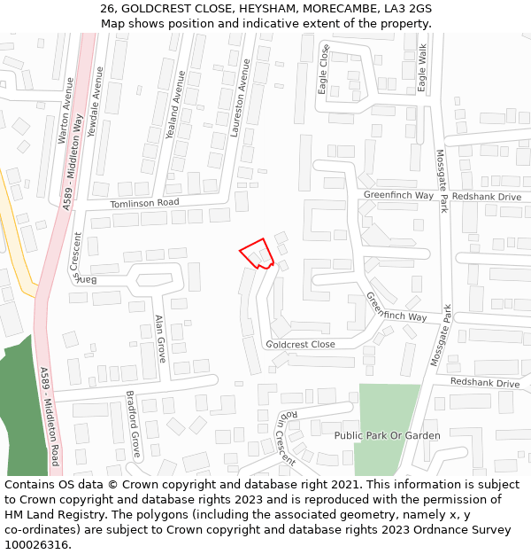 26, GOLDCREST CLOSE, HEYSHAM, MORECAMBE, LA3 2GS: Location map and indicative extent of plot