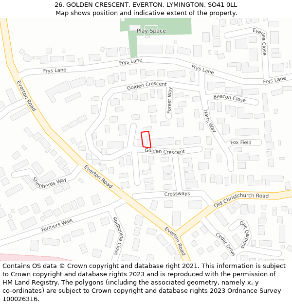 26, GOLDEN CRESCENT, EVERTON, LYMINGTON, SO41 0LL: Location map and indicative extent of plot