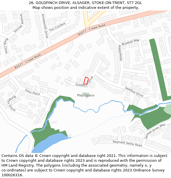 26, GOLDFINCH DRIVE, ALSAGER, STOKE-ON-TRENT, ST7 2GL: Location map and indicative extent of plot