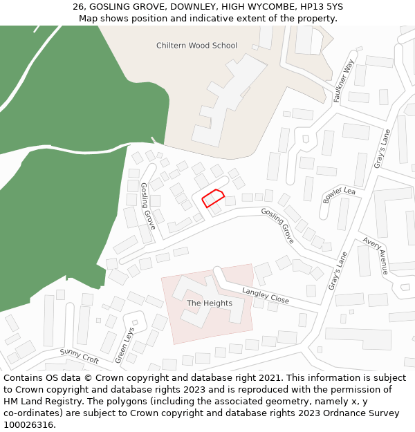 26, GOSLING GROVE, DOWNLEY, HIGH WYCOMBE, HP13 5YS: Location map and indicative extent of plot